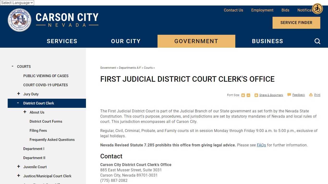 First Judicial District Court Clerk's Office | Carson City